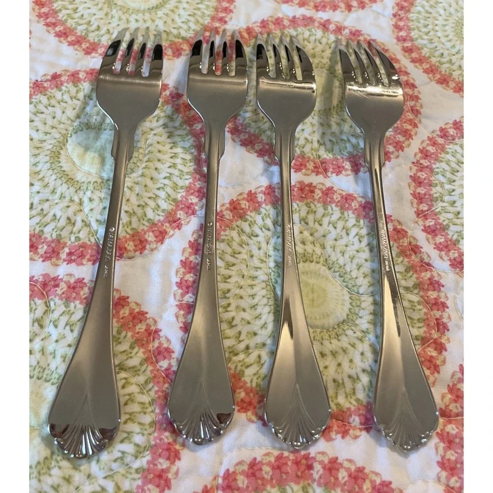 Yamazaki Cara Salad Forks Gold‎ Accent Glossy Stainless Japan Flatware Set Of 4